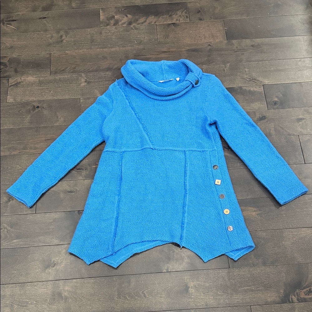 Soft Surroundings Bright Blue Funnel Cowl Sweater with Button Side Detail